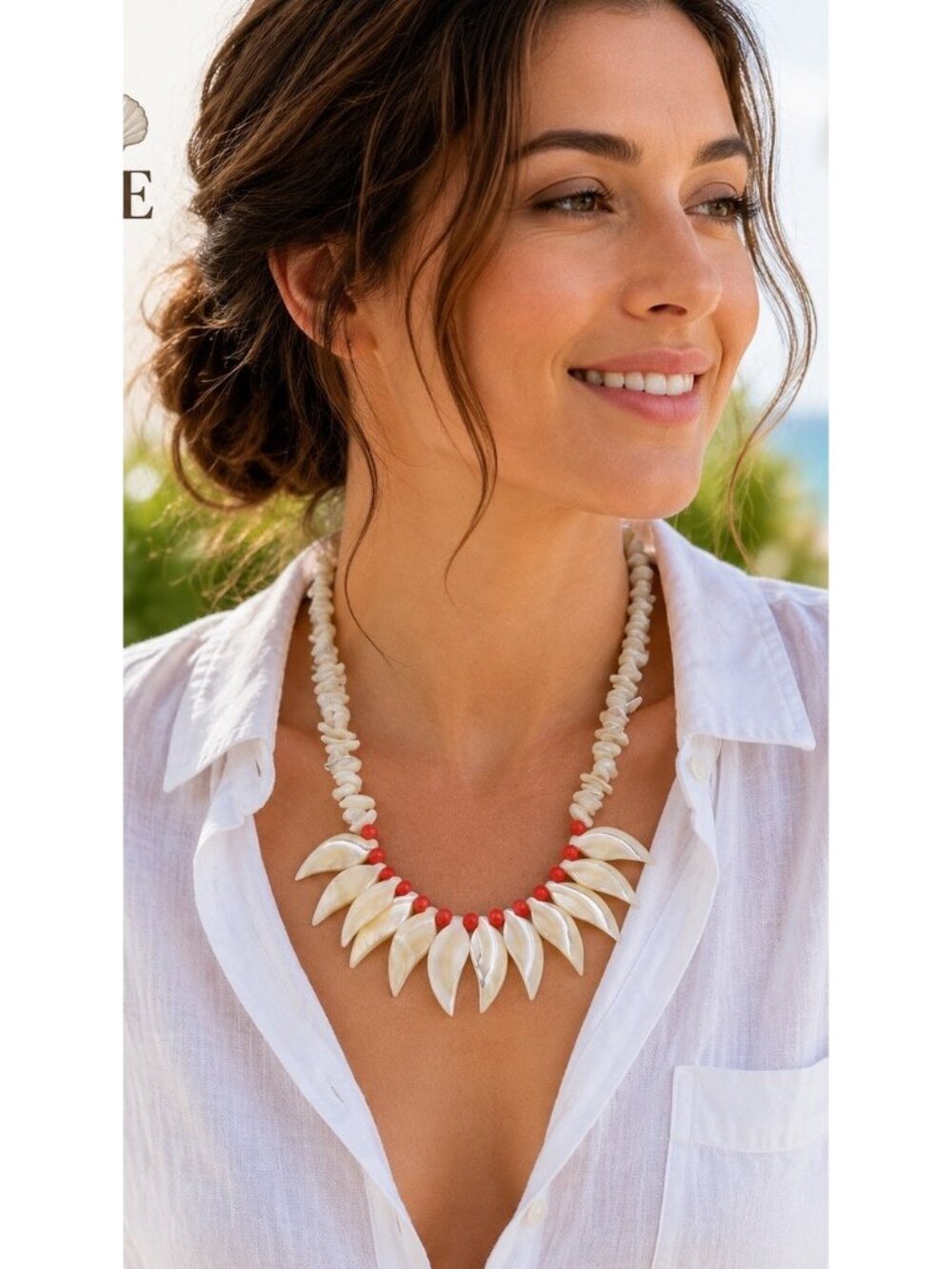 Vintage Mother Of Pearl Shell Statement Necklace Tropical Coastal Resort Boho